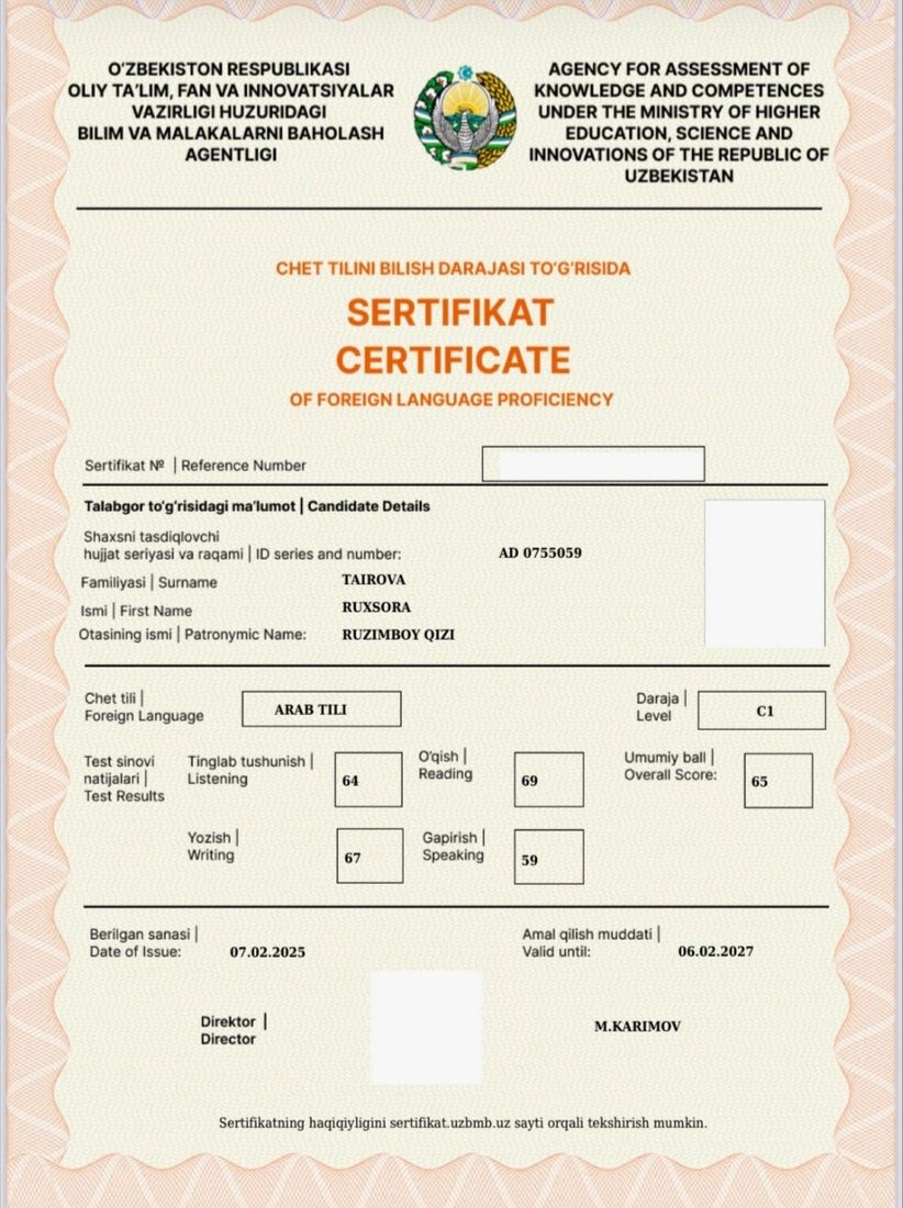 Baholash agentligi sertifikati &middot; C1